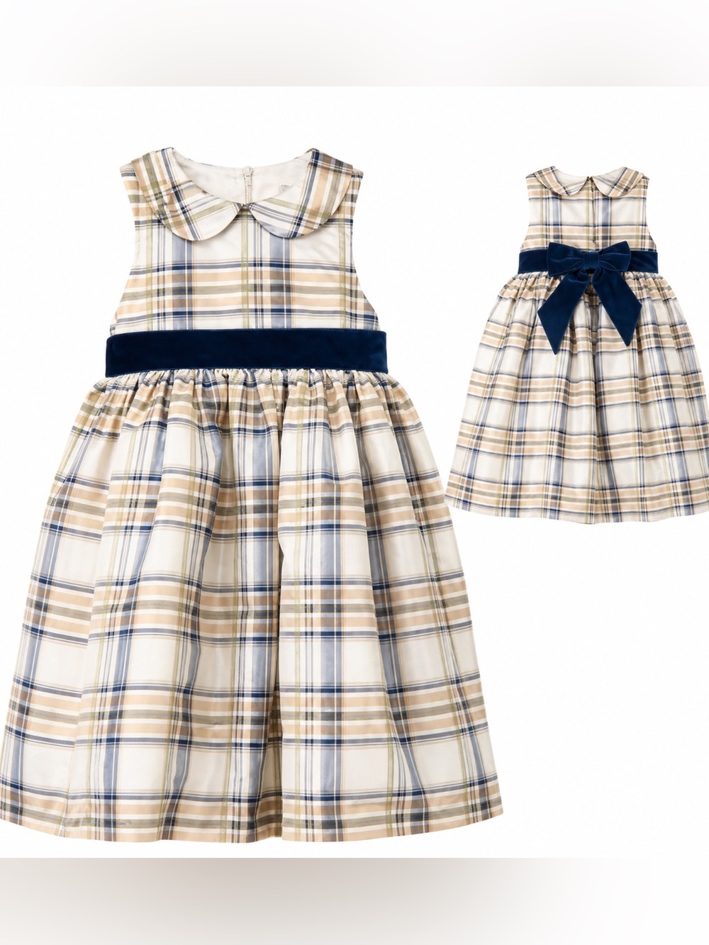 Janie and Jack Silk Taffeta Holiday Plaid Dress Velvet Bow Peter Pan Collar